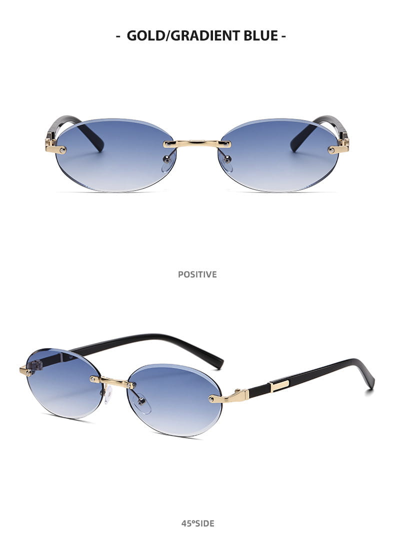 Frameless oval uv400 fashion sunglasses with gold-toned metal frames, gradient blue lenses, and black temple arms designed for stylish sun protection.