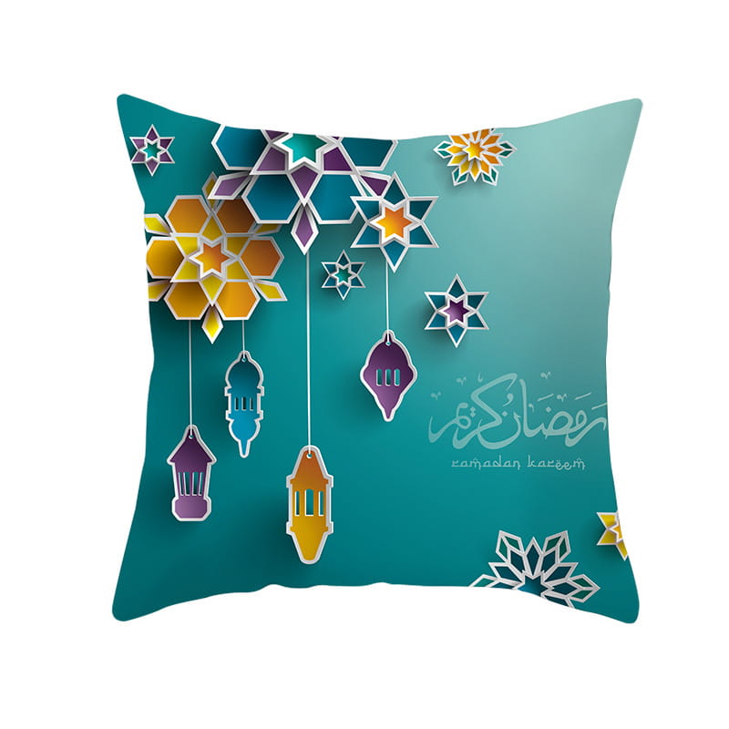 Cojín turquesa con un diseño vibrante y en capas de linternas colgantes y estrellas en dorado, morado, azul y blanco para la funda de cojín de Ramadán Kareem azul y oro para linterna Eid.