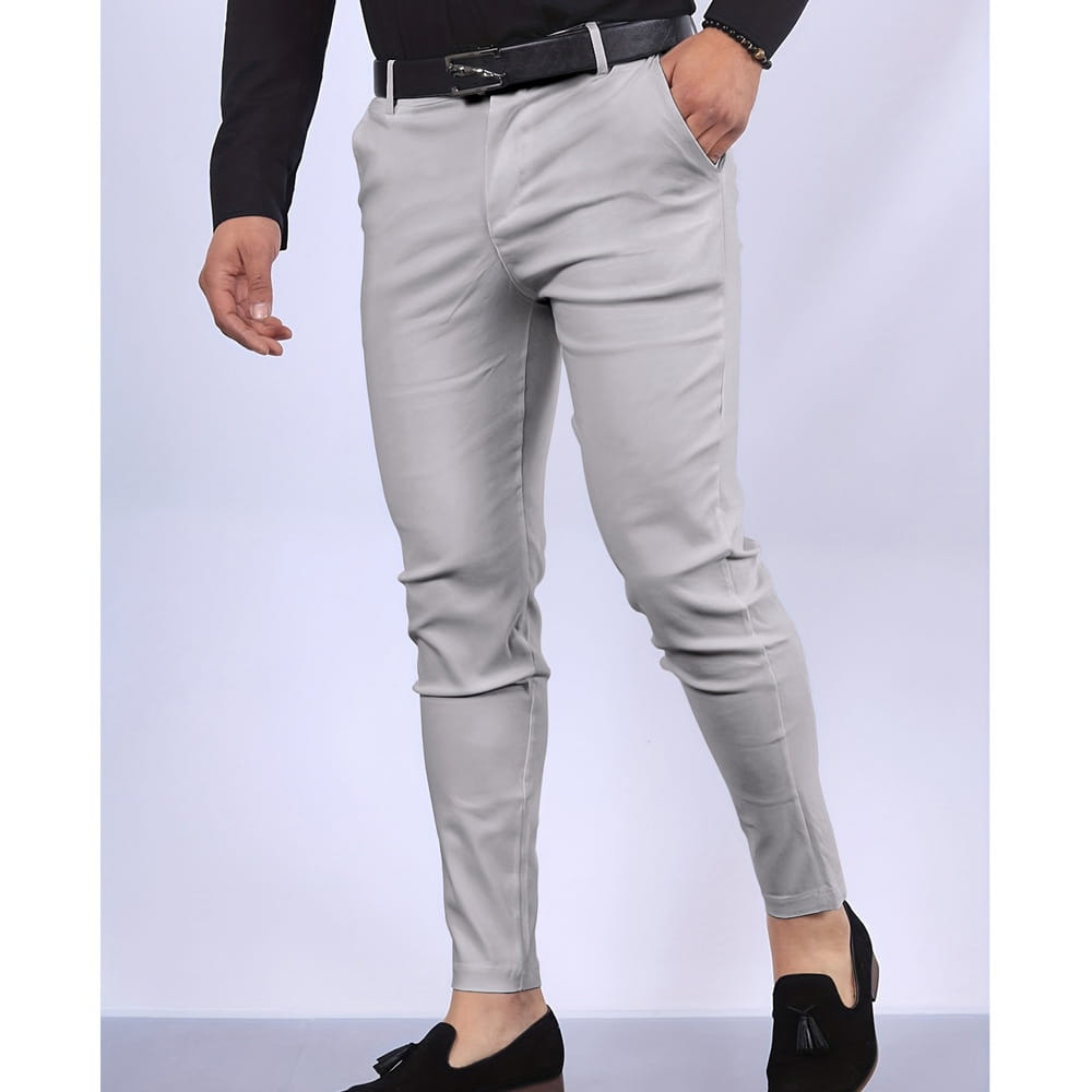 Gray slim-fit modern cotton blend pencil trousers featuring smooth tailored fabric with subtle creases.