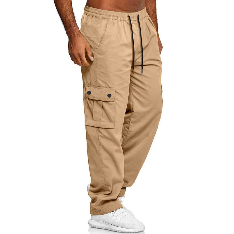 Mens straight leg cargo work pants in beige featuring black drawstrings and buttoned flap pockets.