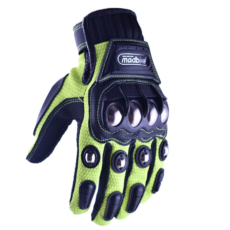 Bright lime green and black alloy knuckle motorcycle riding gloves with reinforced knuckle protection and textured grip panels shown from the back side.