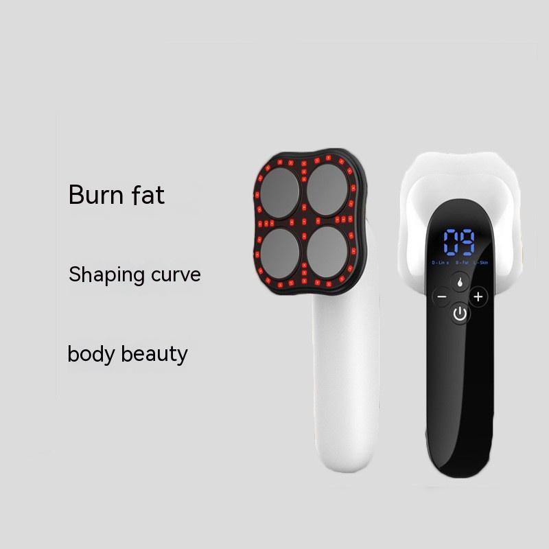 White and black portable infrared LED slimming and facial beauty device with red lights on a rounded head and digital controls for fat-burning and shaping.
