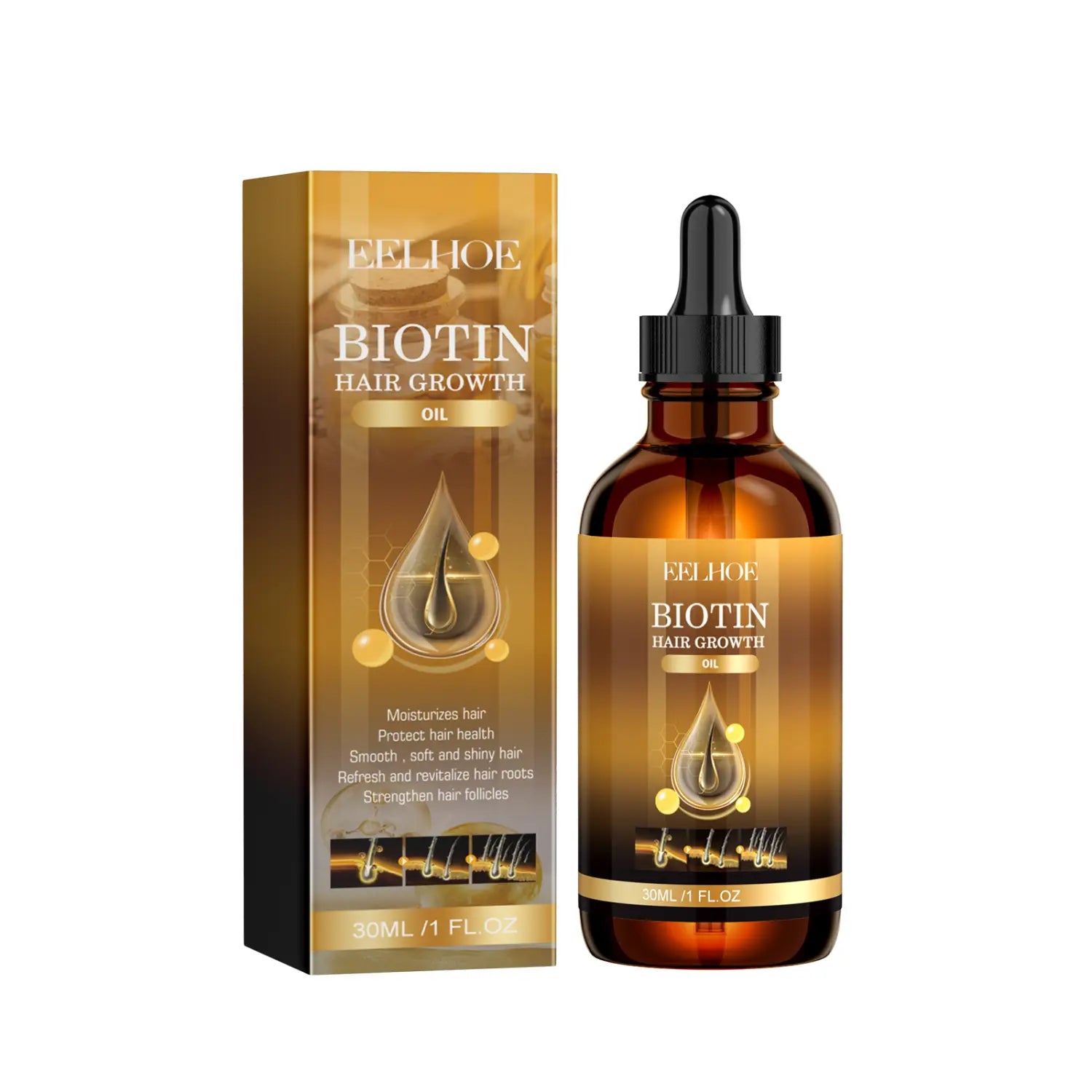 Bernsteinfarbene Glasflasche mit schwarzer Tropferkappe und goldenem Etikett, enthaltend Felhof Eelhoe-Biotin-Haarwuchsol mit Rosmarin und Rizinusöl.