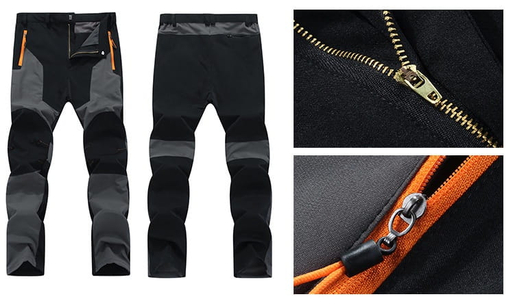 Men’s waterproof tactical hiking pants in black and gray with orange zipper accents designed for outdoor durability and functionality.