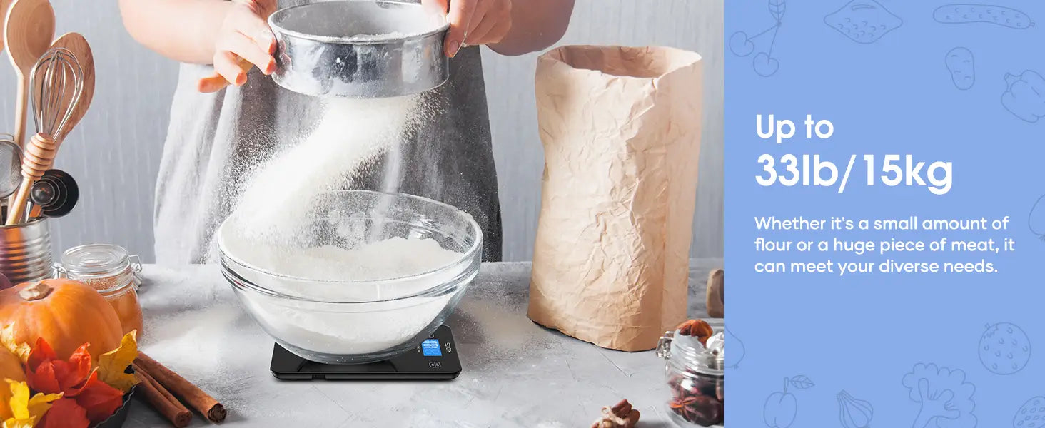 Black digital kitchen scale with blue button and white text display designed for precise food measurement up to 15kg and rechargeable for convenience.
