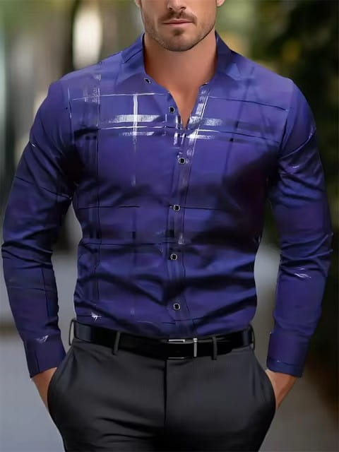 A sleek royal blue men’s premium long sleeve button down shirt with a modern geometric pattern and subtle sheen.