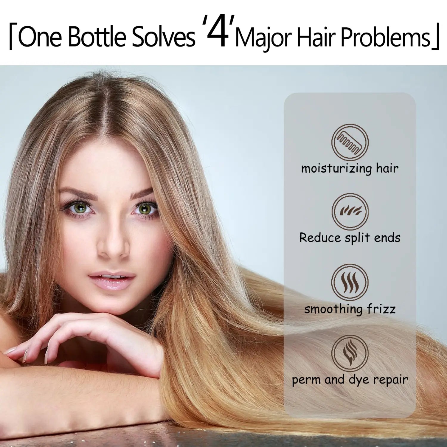 Une bouteille transparente en verre clair avec un bouchon blanc contenant un liquide transparent de Eelhoe N36 Molecular Leave-in Hair Repair Mask 50 ml en spray, conçue pour traiter quatre problèmes majeurs des cheveux.