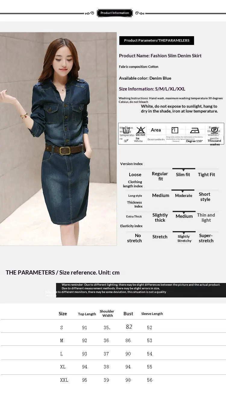Elegant high waist button down denim midi dress in classic blue wash featuring a slim fit with button-front closure and belt loops.