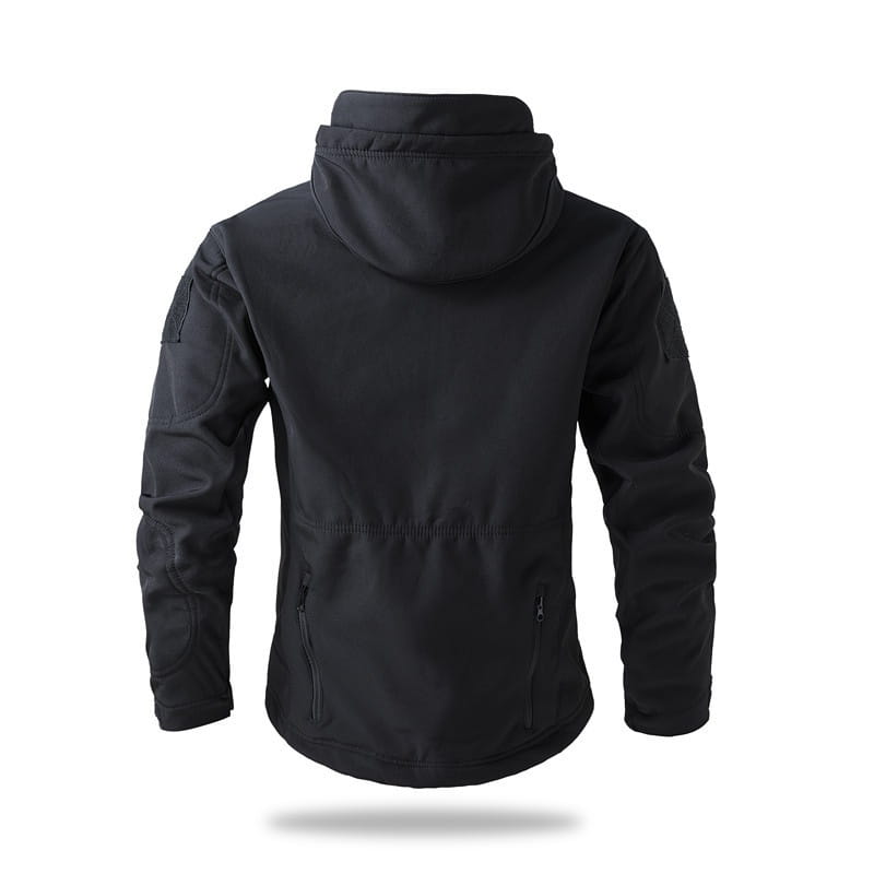 Men’s black waterproof tactical fleece soft shell jacket with hood and zippered pockets displayed from the front.