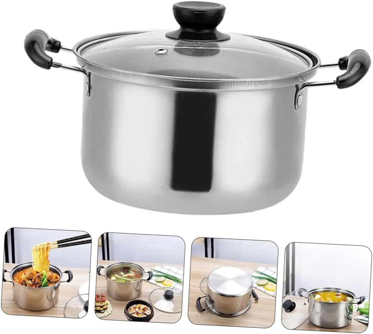 Stainless steel induction cookware set 5 pieces featuring a stainless steel pot with black handles and a clear glass lid with a black knob.