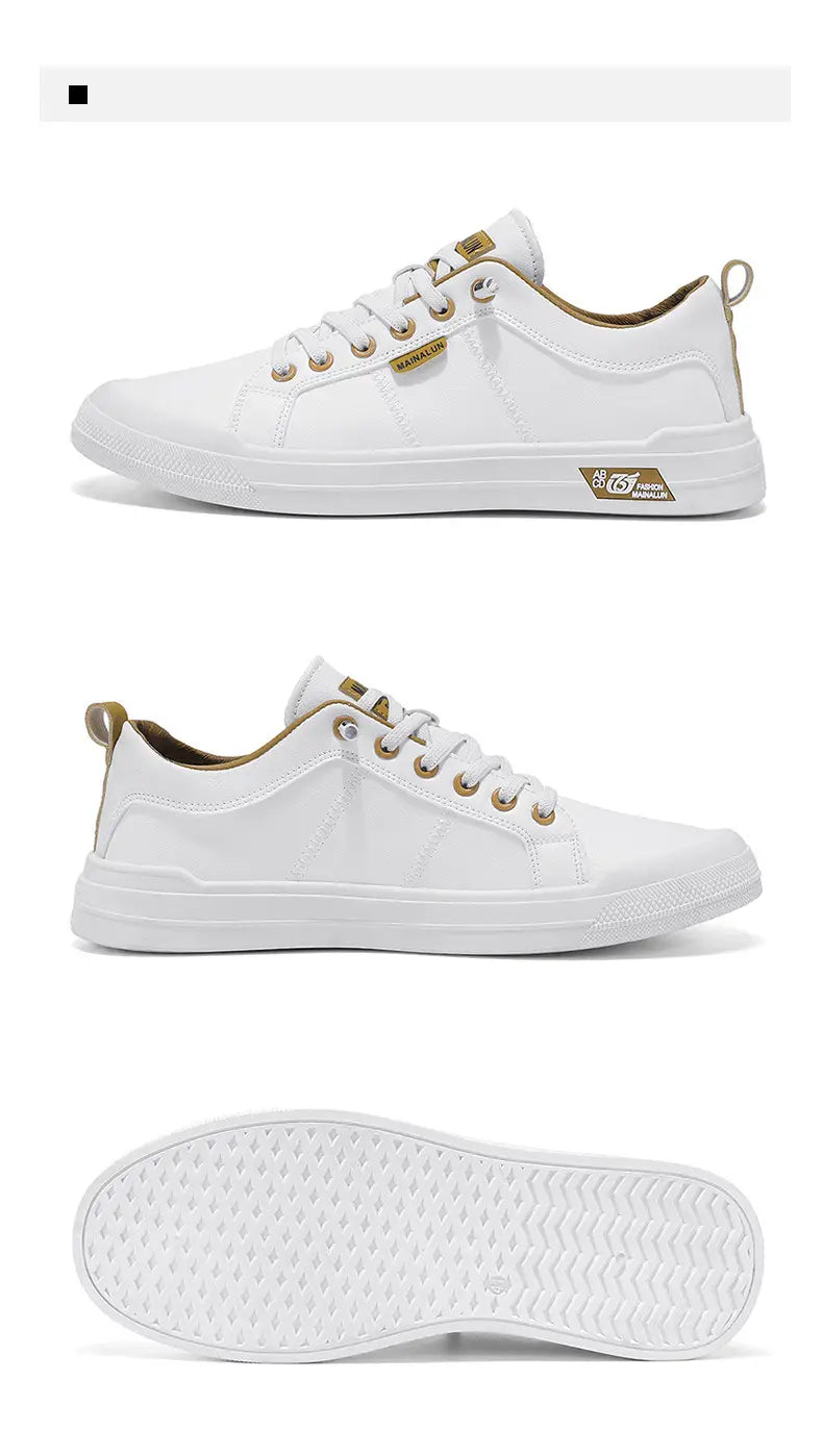 Men’s white minimalist leather casual sneakers featuring gold tone laces eyelets and branding accents on white canvas.