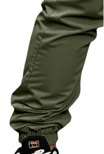 Men’s olive green slim fit cropped cargo joggers with drawstring waistband and detailed stitching designed for casual wear.