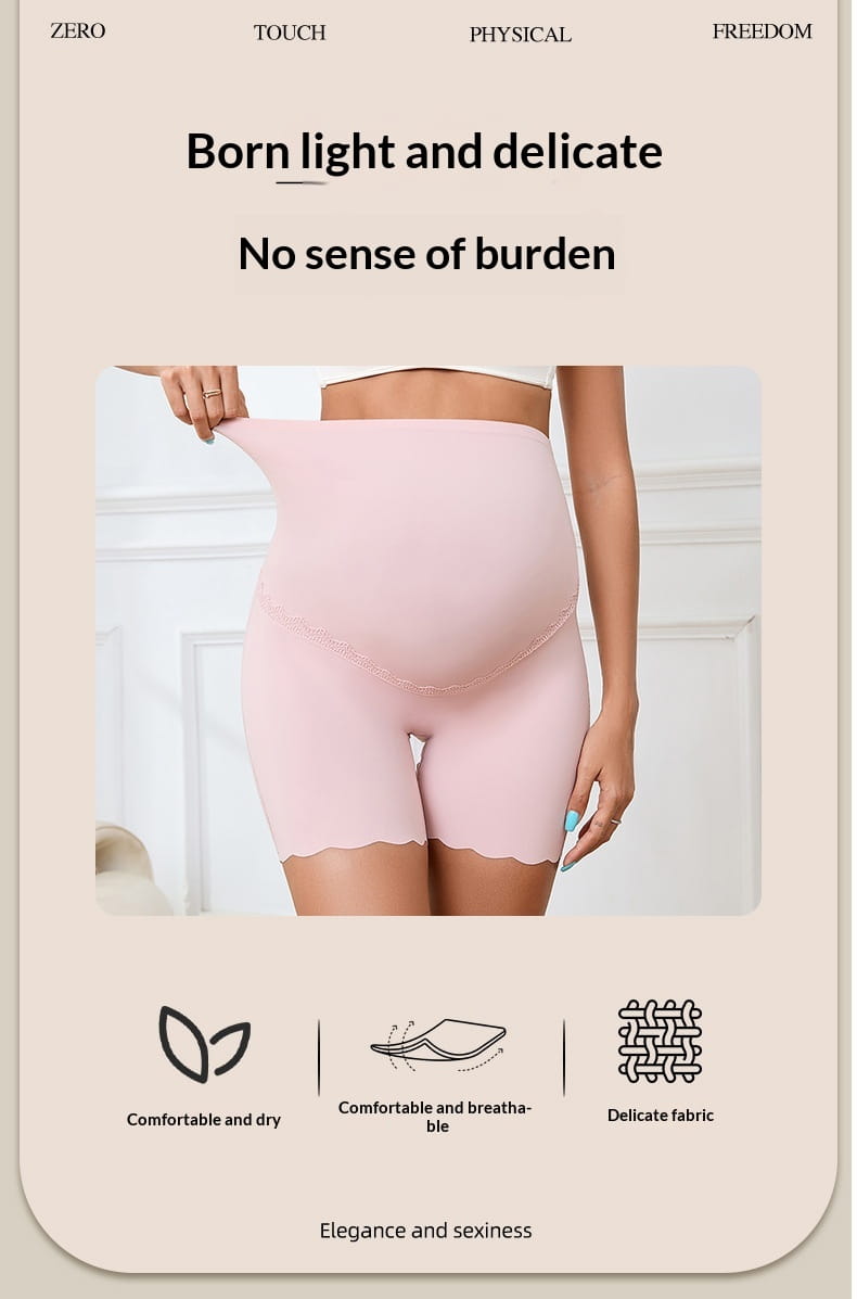 boxer tipo braga de maternidad de tiro alto rosa suave con encaje transpirable, bajo con acabado festoneado y diseño sin costuras.