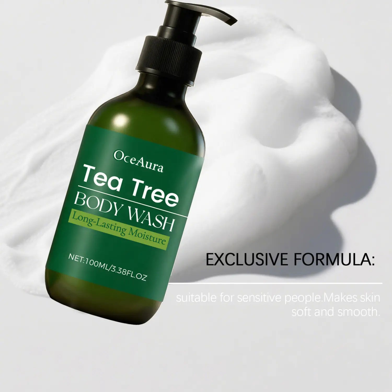 Oceaura tea tree body wash moisturizing skin cleanser in a dark green glass bottle with a black pump dispenser 100ml.