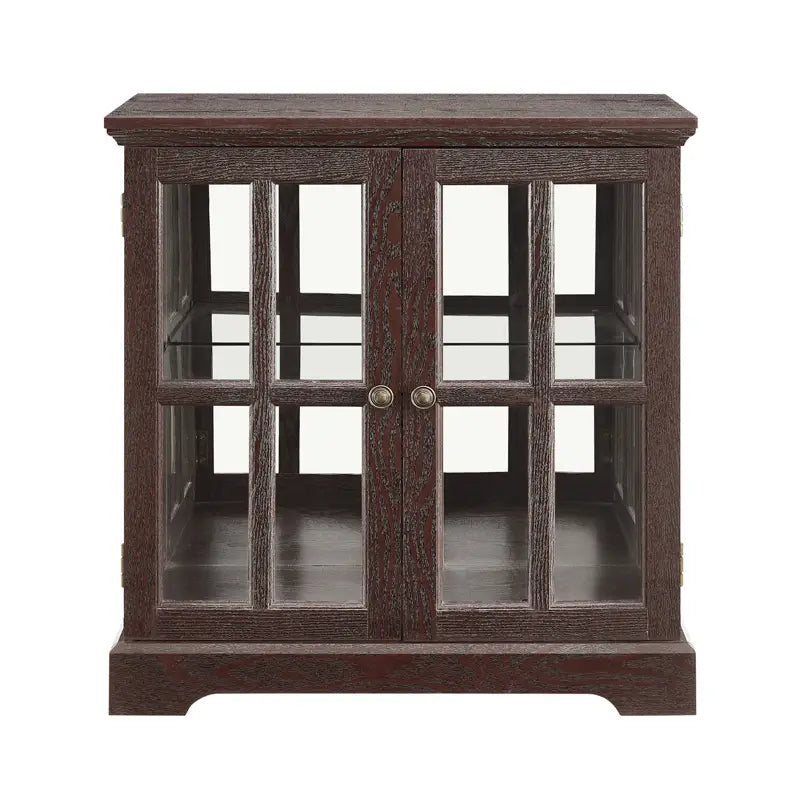 Dark brown wooden led curio display cabinet with glass-paneled doors silver-toned round knobs and adjustable shelves.