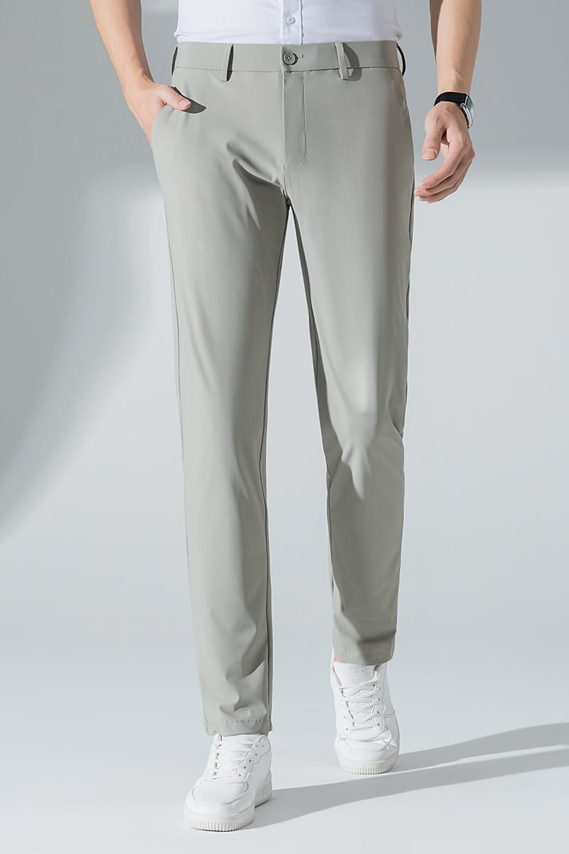 Men plus size stretch casual pants in light gray slim-fit chino style with subtle texture and clean stitching.