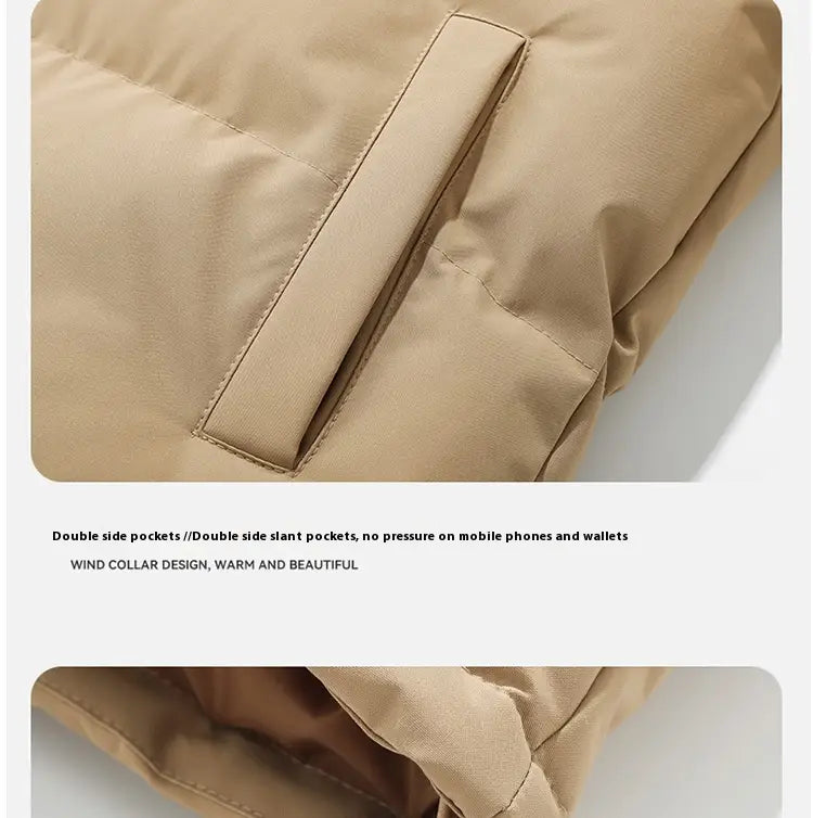 Beige Damen-Kapuzensteppjacke mit wattierter Polsterung mit Windkragen-Design und doppelten schrägen Seitentaschen.