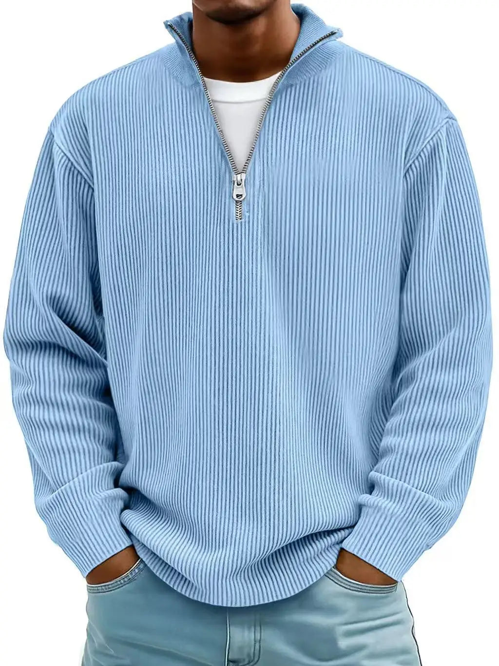 Men’s light blue ribbed knit half zip corduroy polo sweatshirt with a silver zipper.