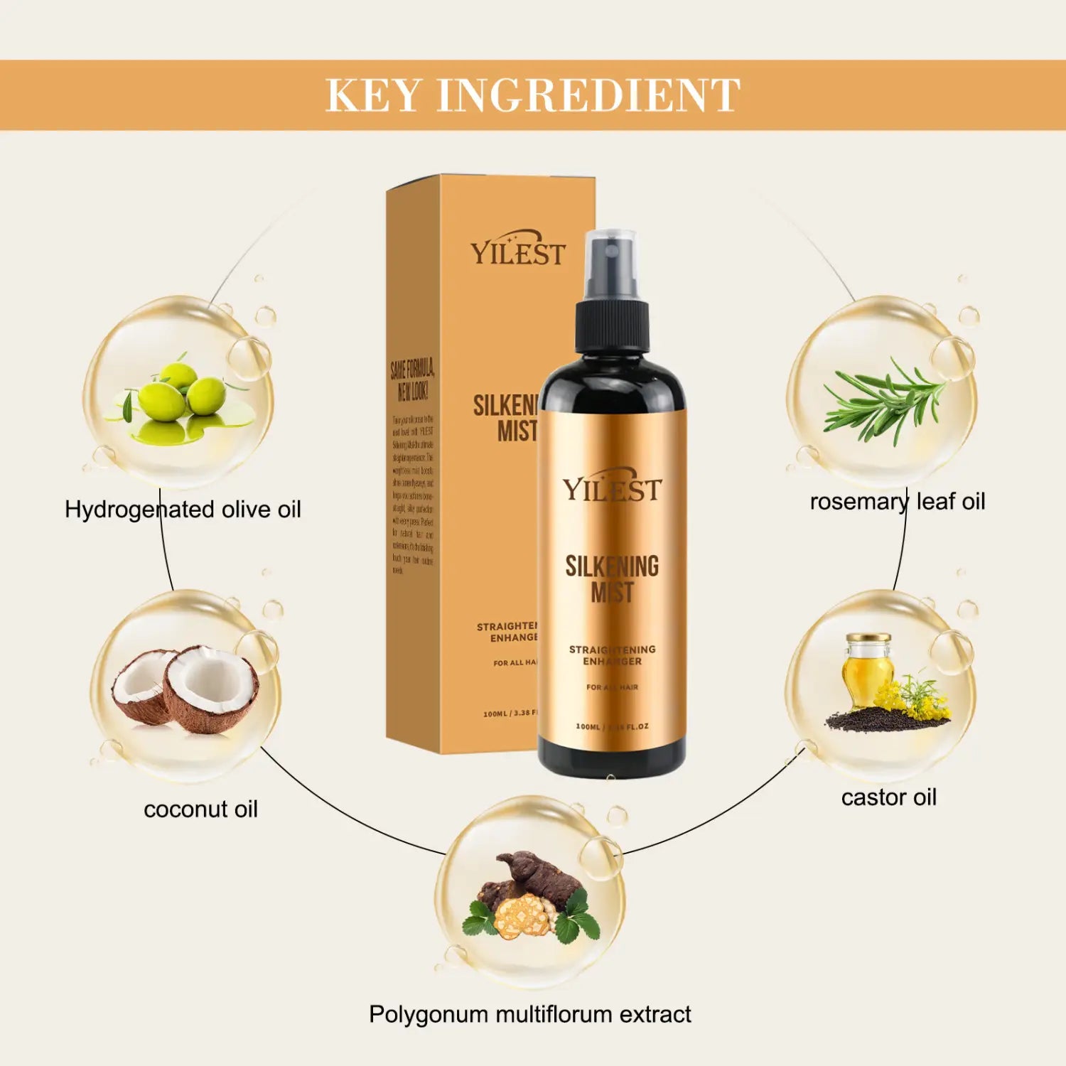 Yilest silkening mist hair spray oil control in a sleek black bottle with a gold label and spray nozzle featuring hydrogenated olive oil and rosemary leaf oil key ingredients.