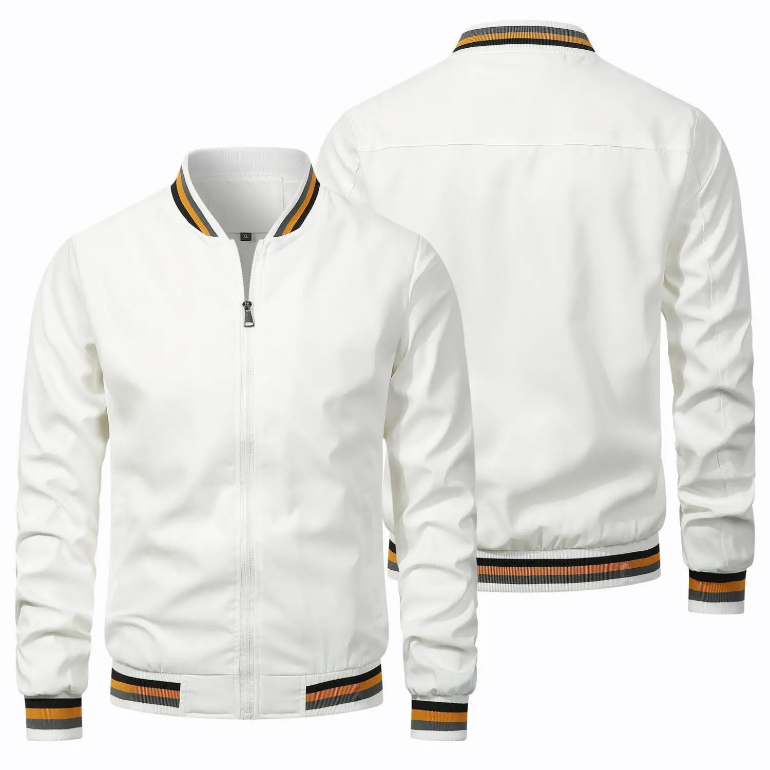 Chaqueta bomber de hombre en blanco con ribete a rayas negro y naranja en el cuello, los puños y la pretina, para ropa exterior informal.