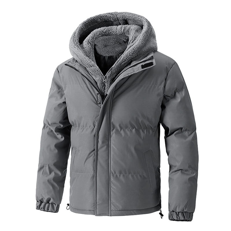 Gray men’s fleece hooded quilted puffer jacket with plush fleece-lined hood and insulated design for cold weather.