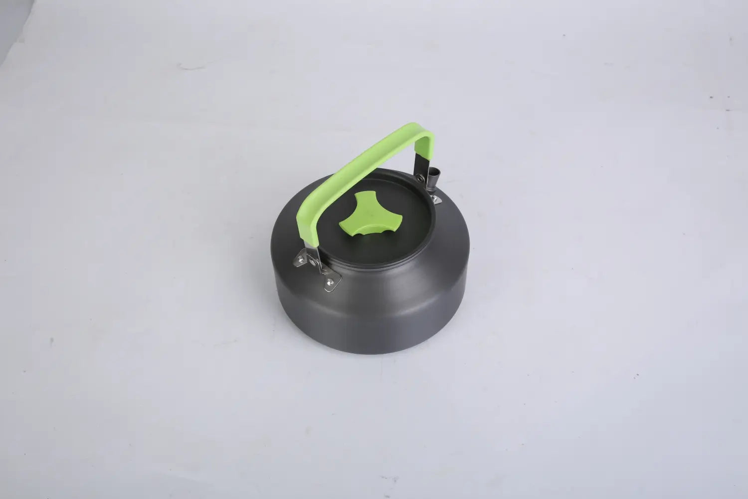 compact dark gray camping kettle with bright lime green handle and lid knob from a camping cookware set 16pcs outdoor pot pan kettle kit