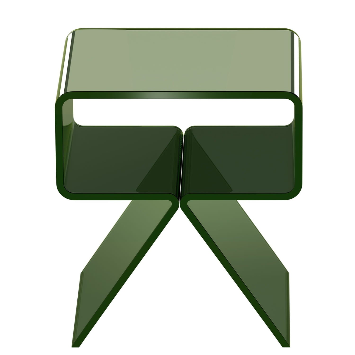 Olive-green translucent acrylic modern two-tier side table with a sleek geometric design for use as a nightstand.