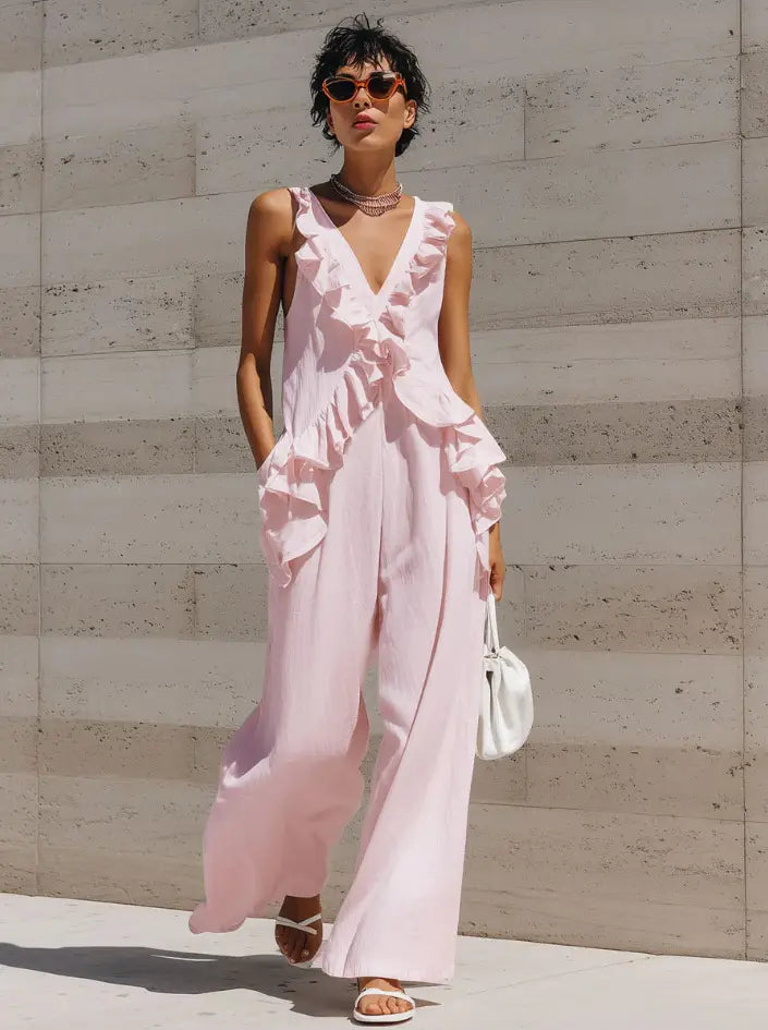 A soft pink ruffled v-neck resort jumpsuit with flowing wide-leg pants.