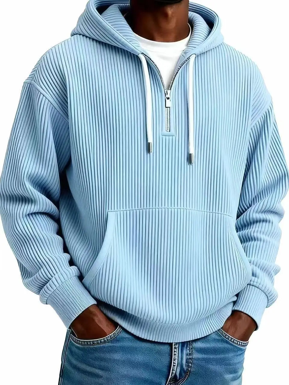 Men’s light blue ribbed corduroy half zip pullover hoodie with white drawstrings and a front half-zip closure.
