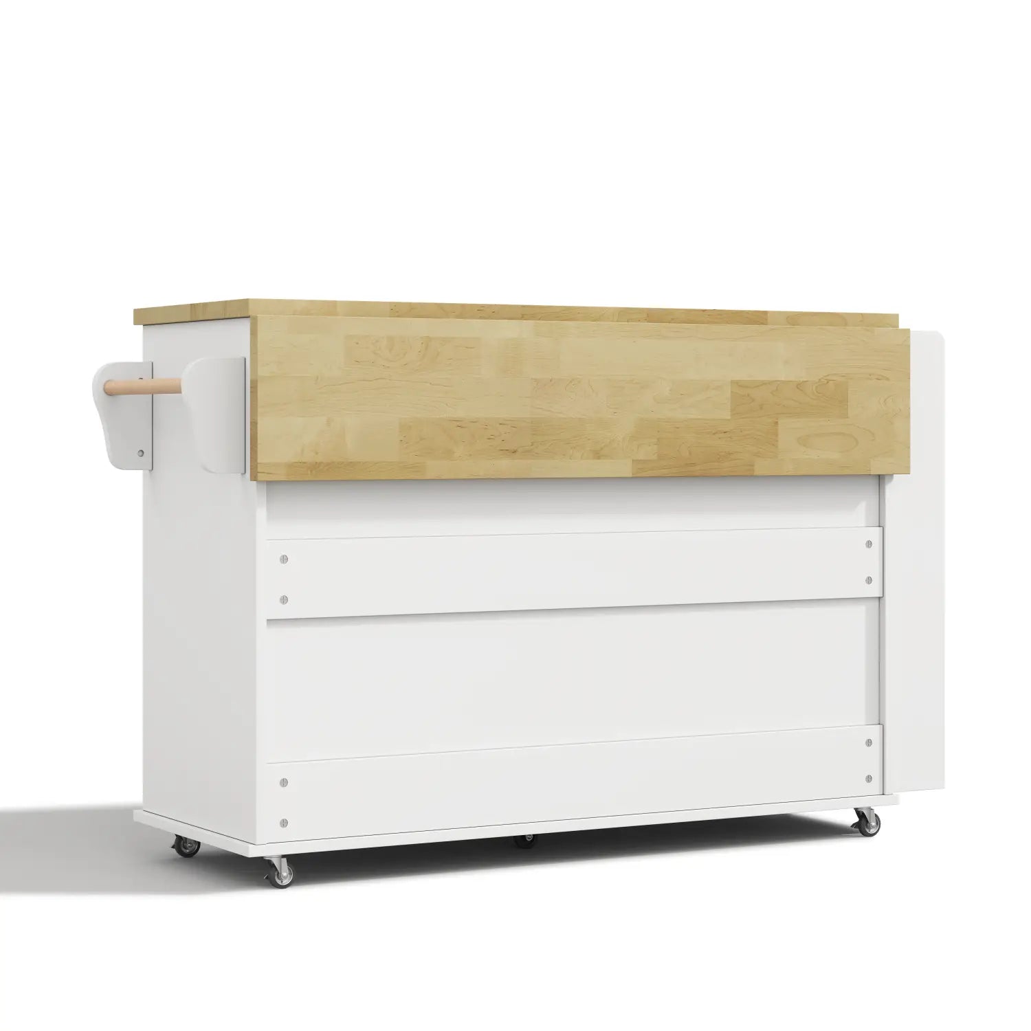 white kitchen cart with light wood countertop and casters featuring a foldable worktop and wheels for mobile use