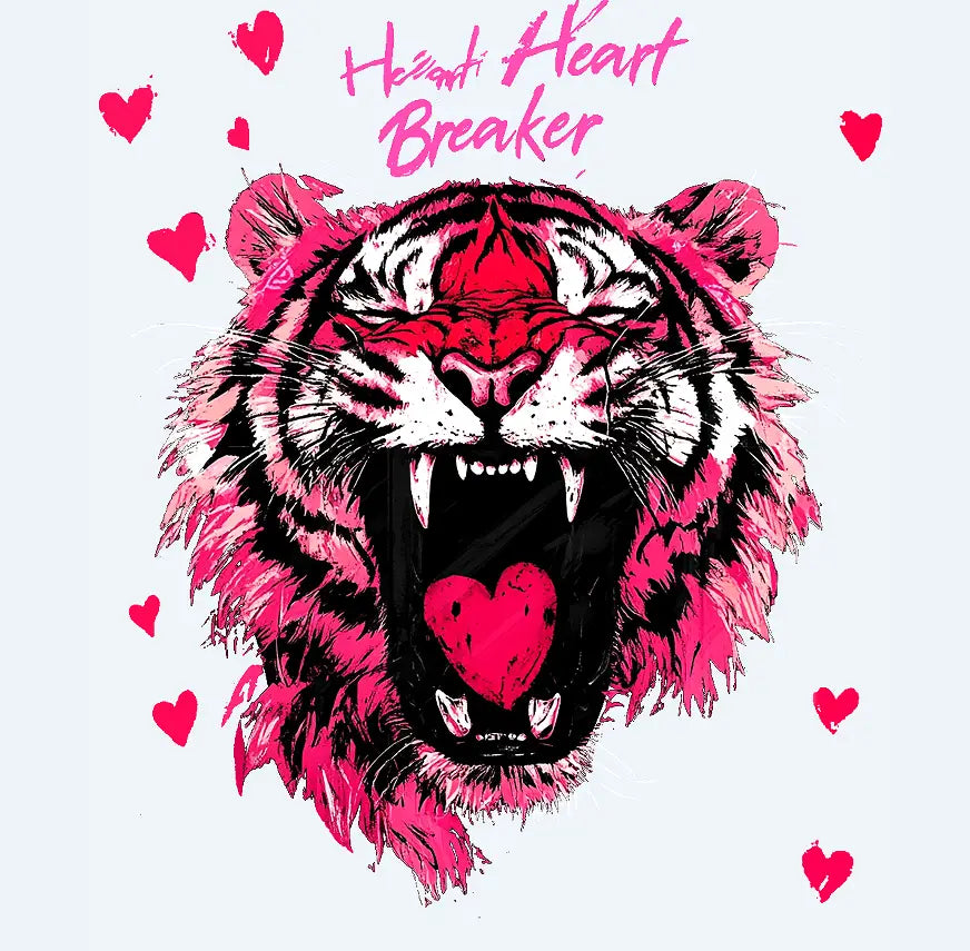 A tan tiger graphic trucker hat for men featuring a vibrant pink and black illustrated tiger with its mouth open revealing a red heart inside titled heart breaker.