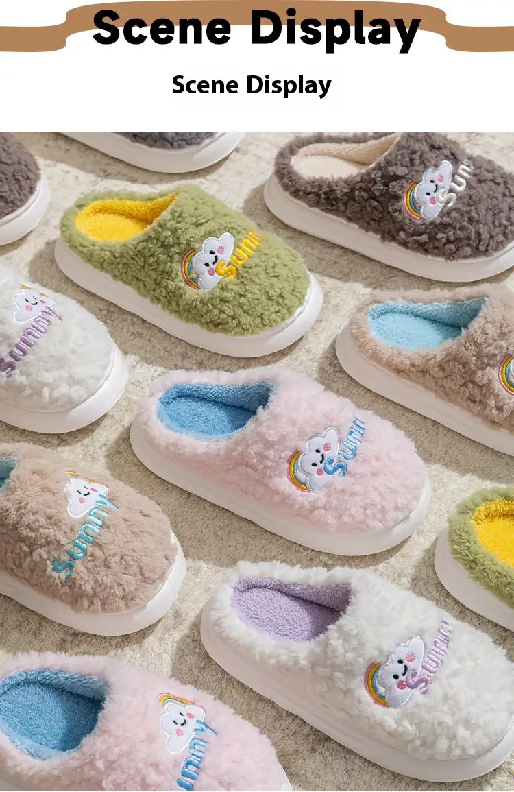 Soft fluffy slip-on cotton slippers in pastel colors featuring embroidered cloud and rainbow designs from the smiling cloud and rainbow plush cotton slippers collection.