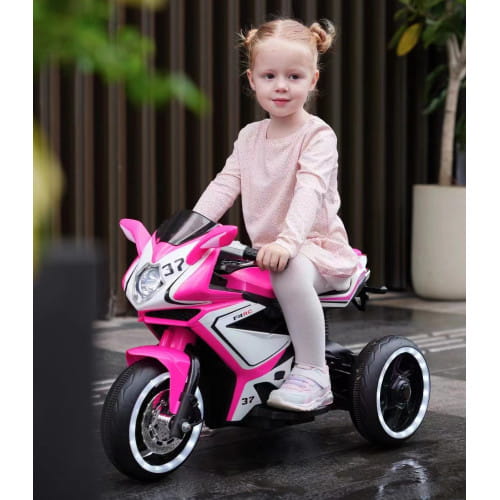 Pink and black 6v kids electric ride on motorcycle with white accents featuring a sporty motorcycle design for children