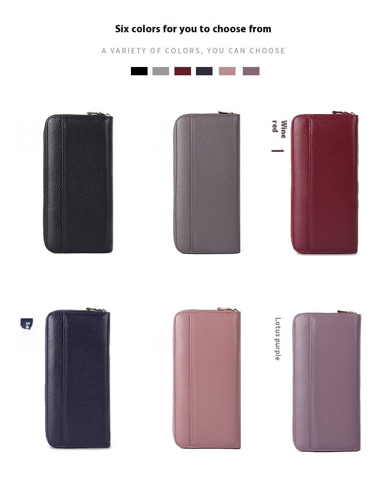Portefeuille pour femme à fermeture éclair sur tout le pourtour en cuir texturé noir à six couleurs, au design minimaliste et à la surface texturée.