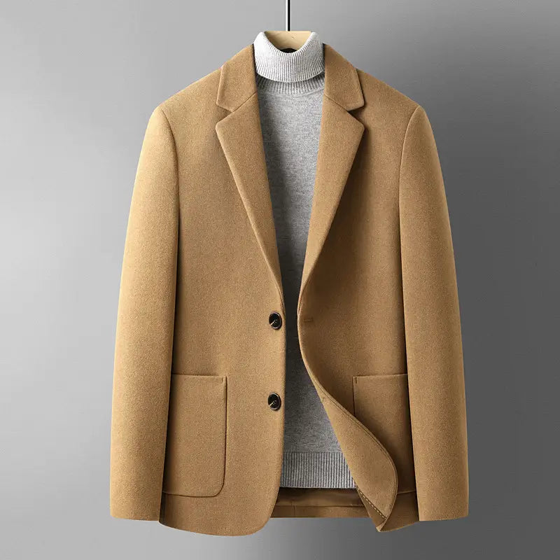 Men’s camel-colored wool blazer with a classic double-breasted design and black buttons slim fit winter jacket.