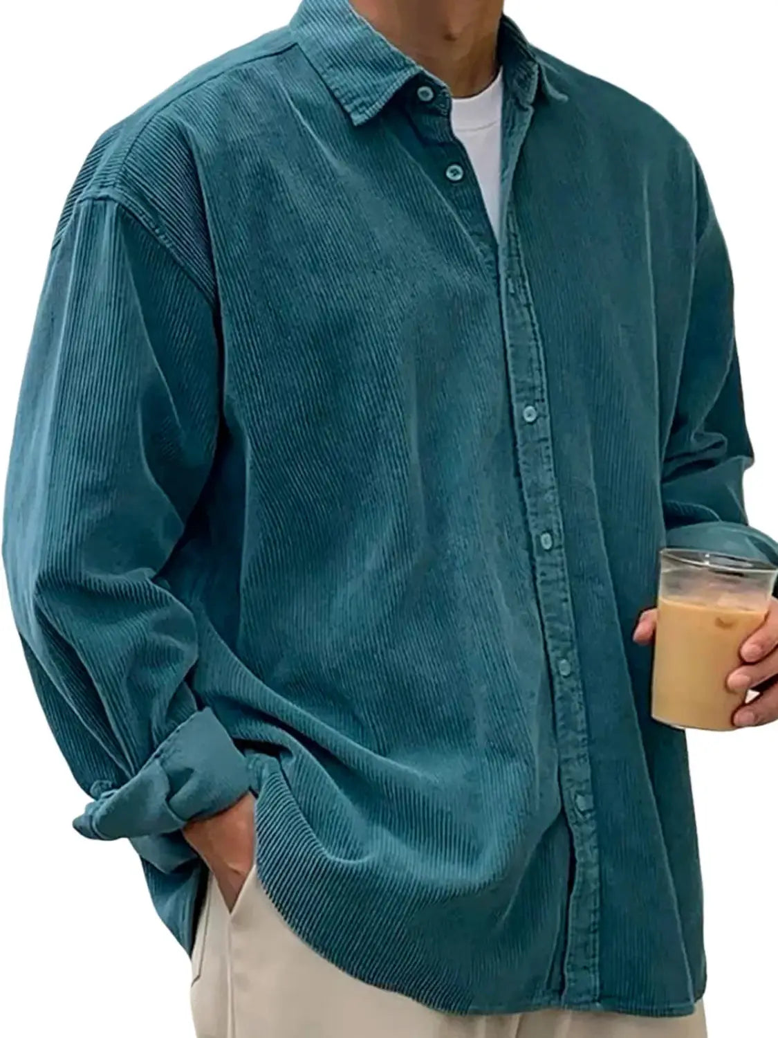 men’s relaxed fit corduroy shirt jacket in teal featuring a button-up front, classic collar, and rolled cuffs made from soft corduroy fabric