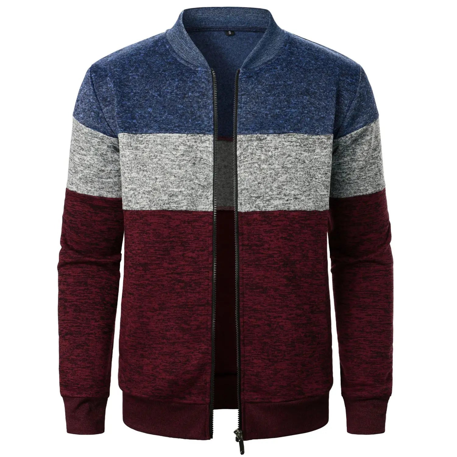A men’s colorblock knit bomber jacket featuring a navy blue, heather gray, and maroon gradient knit fabric.