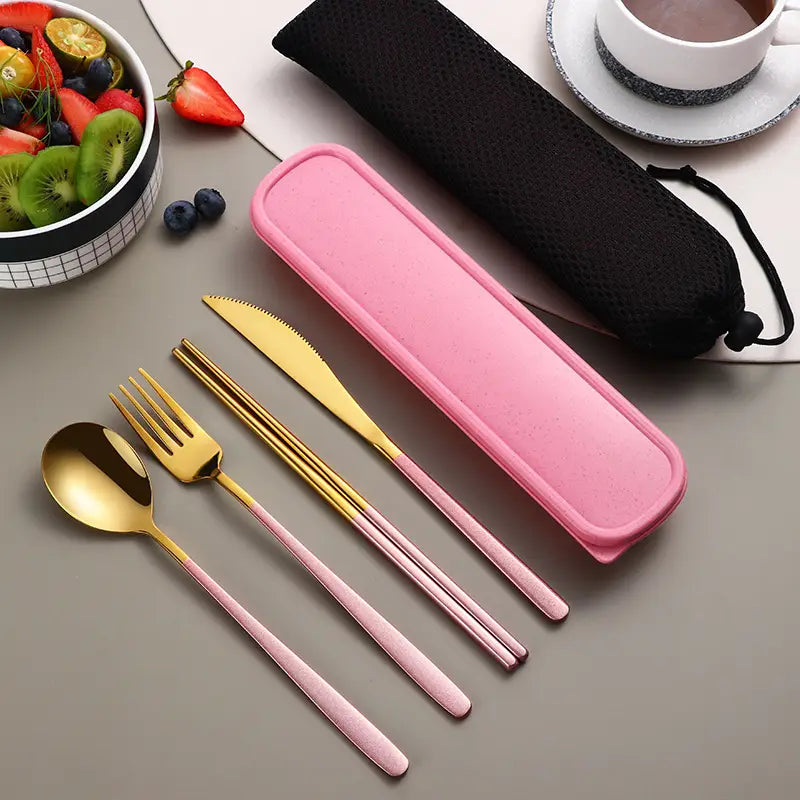 pink and gold stainless steel portable cutlery set with matching pink silicone case for travel and outdoor use