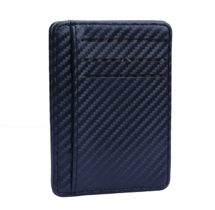 Dark blue slim carbon fiber RFID blocking wallet made of PU leather with multiple card slots and textured surface.