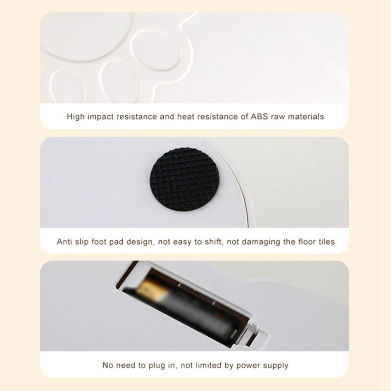white ABS plastic floor mat with black anti-slip foot pads and built-in battery compartment for automatic pet feeder gravity waterer and food dispenser.
