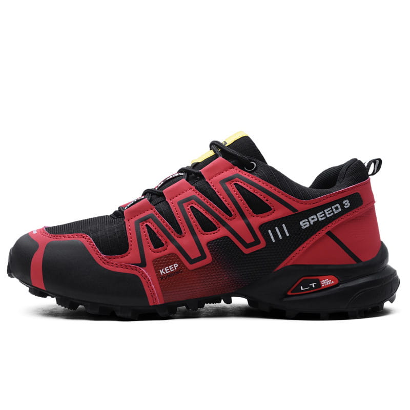 Men’s trail running shoes breathable mesh sneakers in red and black with bold geometric design and speed 3 branding on the side.