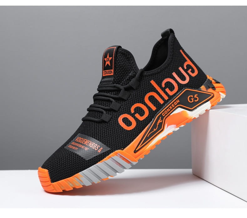 Black and orange Guglingo G5 casual sneaker featuring a lightweight mesh upper, bold lettering on the side, and a textured rubber sole.