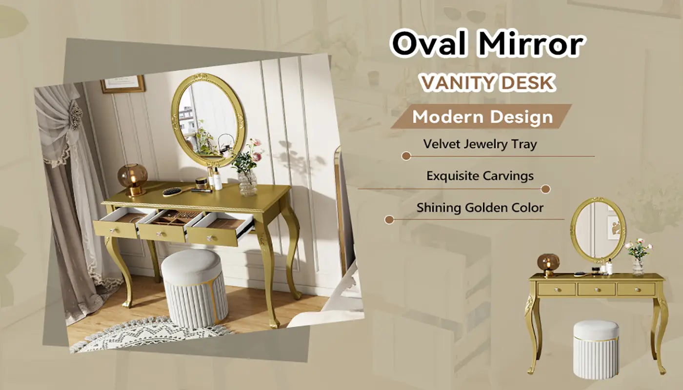 Shining golden makeup vanity desk with oval mirror and exquisite carvings mounted above three drawers.