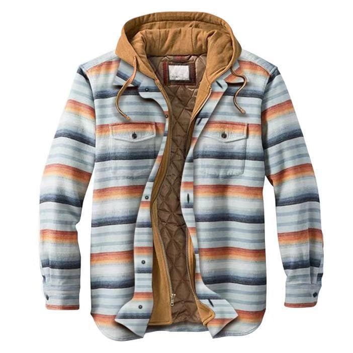 Men quilted plaid hooded jacket featuring a cozy striped flannel exterior with warm tan quilted lining and an adjustable drawstring hood.