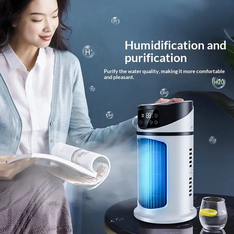 Ventilador de enfriador de aire portátil USB en diseño cilíndrico blanco y negro con interior iluminado en azul y pantalla digital para un enfriamiento personal eficiente.
