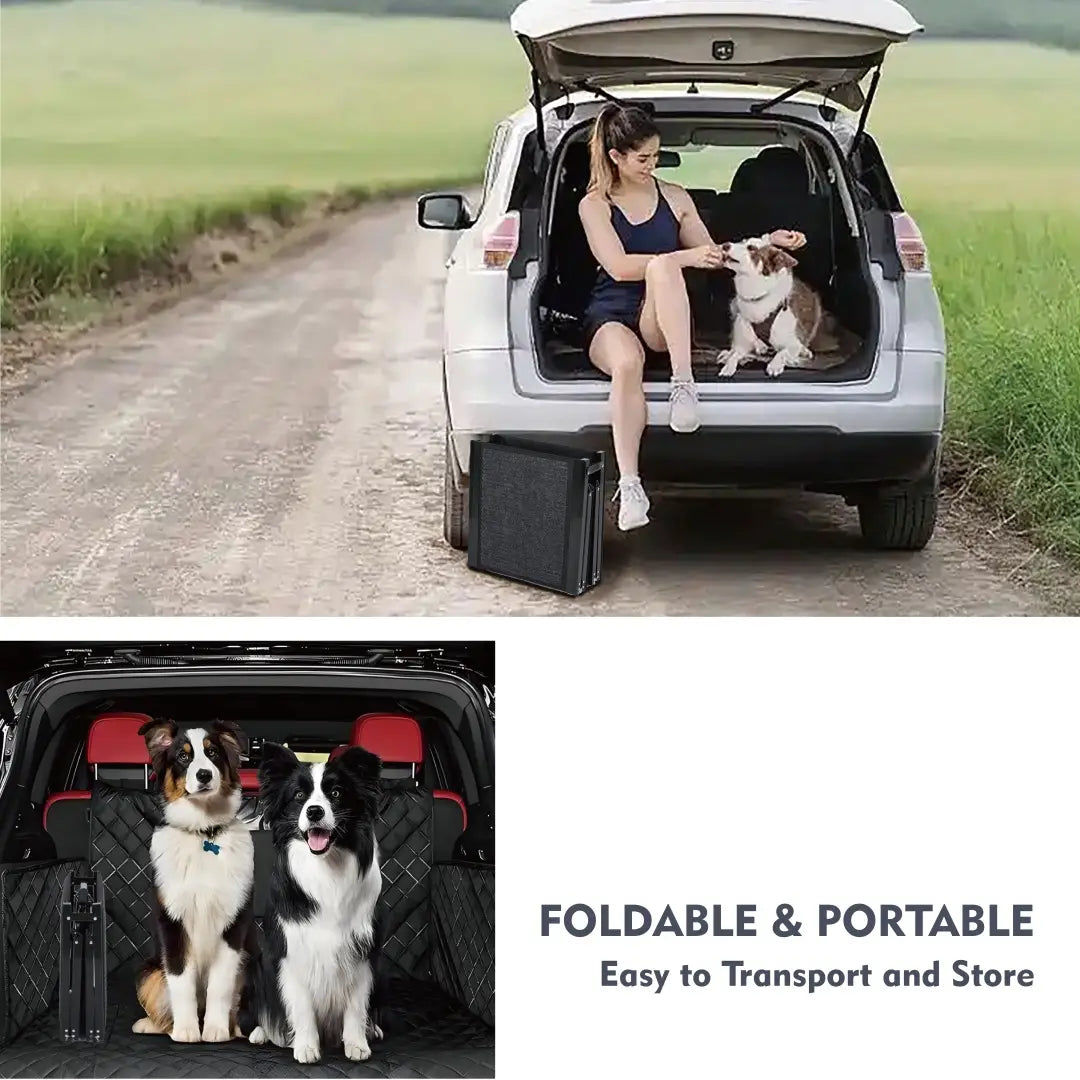 funda negra plegable para asiento de coche de mascota, mostrada desde el lado trasero, diseñada para su uso con pasos portátiles plegables para rampa de coche de perro, que soportan hasta 250 lb.