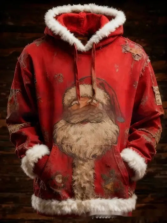 Sudadera roja con temática de Santa Claus y ribete de piel sintética blanca en las bocamangas de la capucha y en el dobladillo, con un diseño vintage desgastado e impresión de bandera estadounidense.