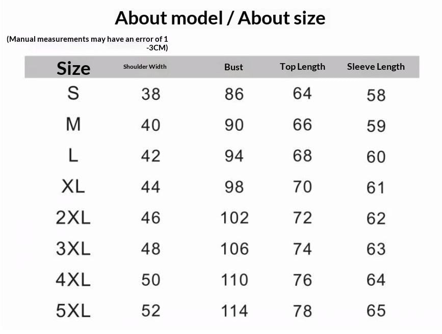 Size chart for a mens slim fit solid color dress shirt long sleeve displaying measurements in centimeters for women’s top sizes s through 5xl.