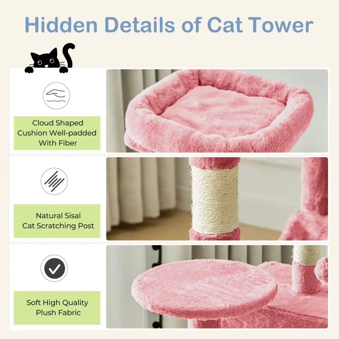 Pink cloud-shaped cushion made of plush fabric and fiber padding on a 44 inch multi-level cat tree tower with sisal posts.