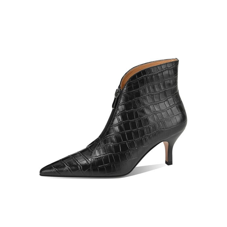 Black croc embossed leather ankle boot with a pointed toe and slender stiletto heel shown from the back side.